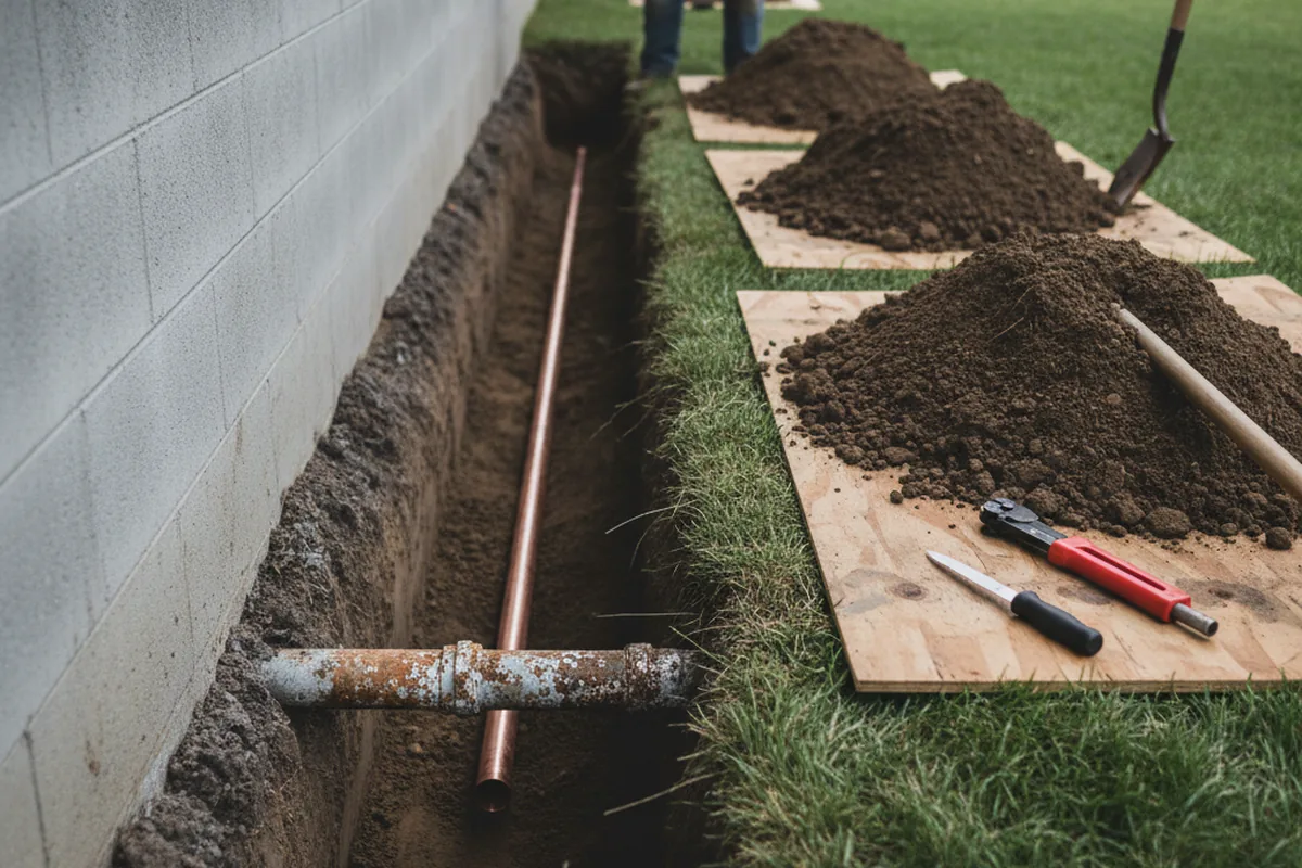 Excavated water line trench during Sewer Line Repair in Ashford